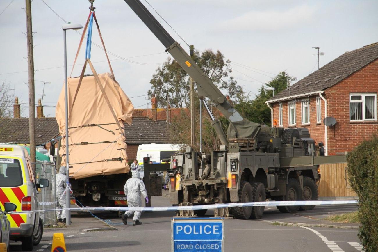 The tow truck used to remove Skripal’s BMW from Sainsbury’s is taken away. Picture: Simon Ward/Shutterstock