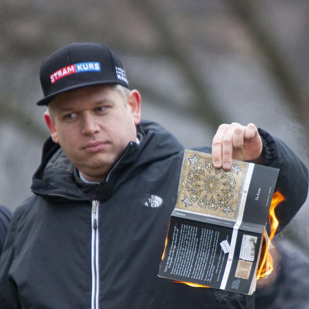 Rasmus Paludan burning the Quran on 21 January 2023 (Tobias Hellsten/Wikimedia Commons)