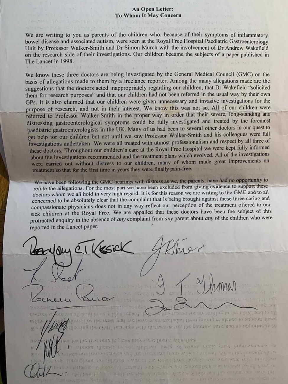 Letter in support of Dr Andrew Wakefield