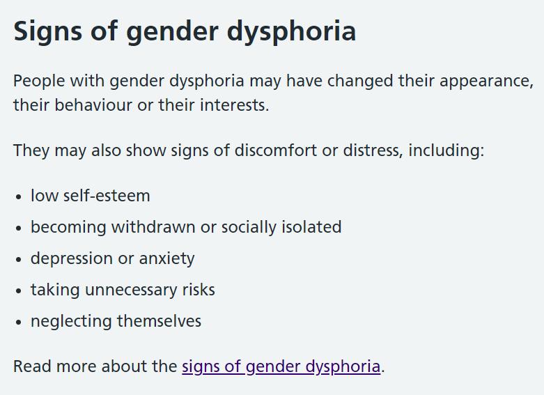 NHS signs of gender dysphoria