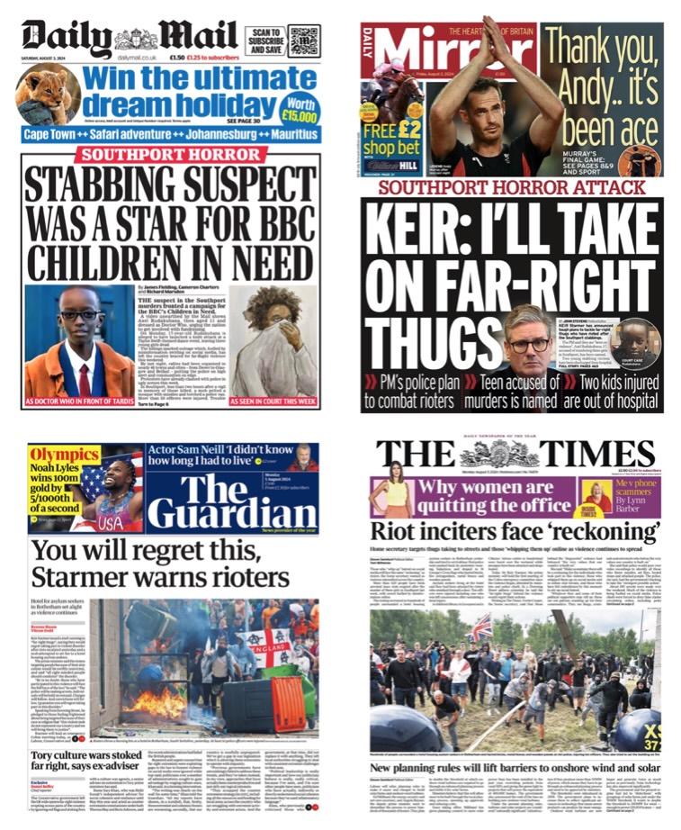 Newspaper front pages about the riots