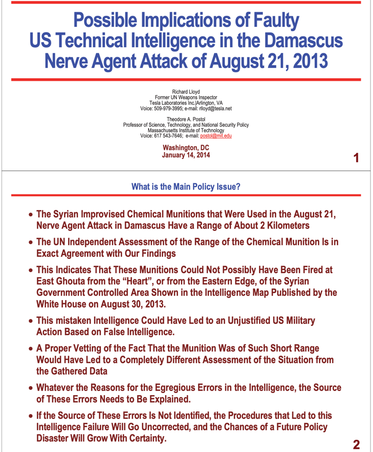 Possible Implications of Faulty US Technical Intelligence in the Damascus Nerve Agent Attack of August 21, 2013