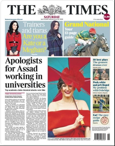 Times attack on WGSPM, 14 April 2018, published as US, British, and French military strikes on Syria were being carried out