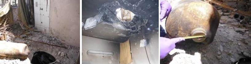 Images showing hole in balcony ceiling, extensive 'explosive' damage to the rebars as seen from below, and the minimally-damaged cylinder head