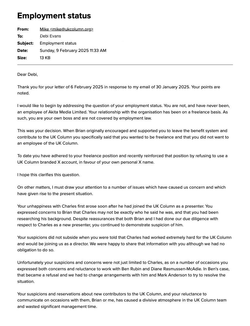 Email to Debi Evans clarifying employment status