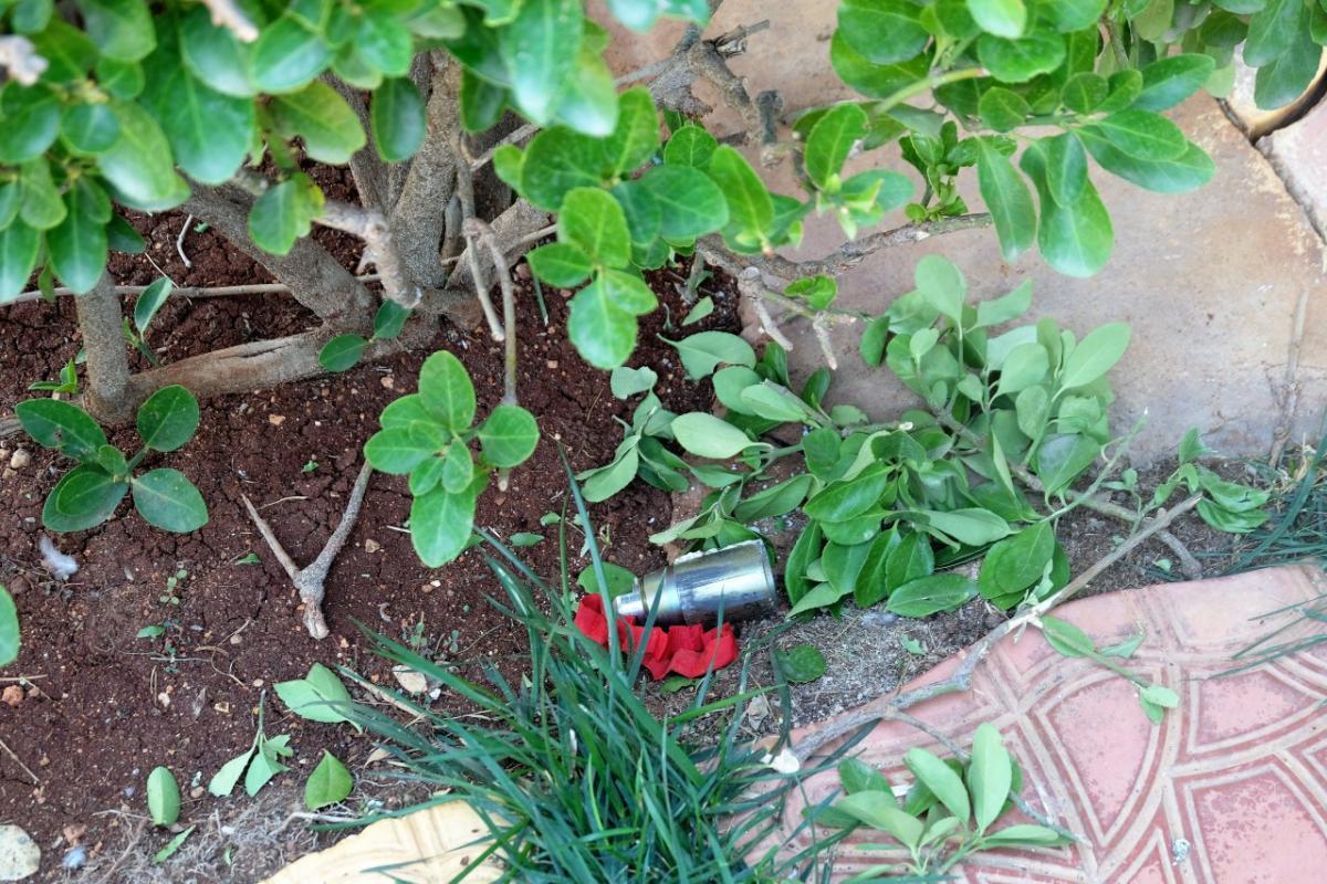 Just one of the dozens of cluster bomblets strewn around residential areas of Mhardeh after the terrorist attack on 7th September 2018. (Photo: Vanessa Beeley)